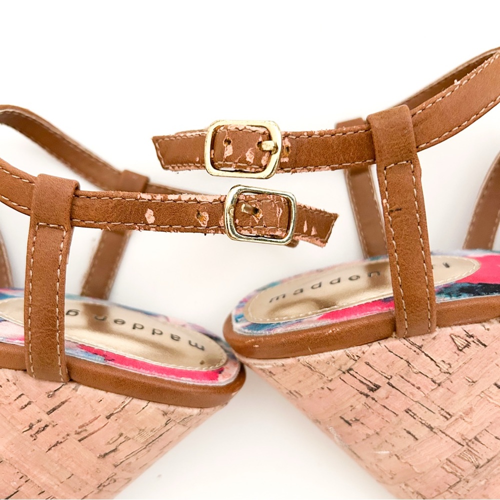 Madden Girl Strappy Brown Faux Leather Cork Platform Wedge Heels Elmaa Cognac - Picture 8 of 9